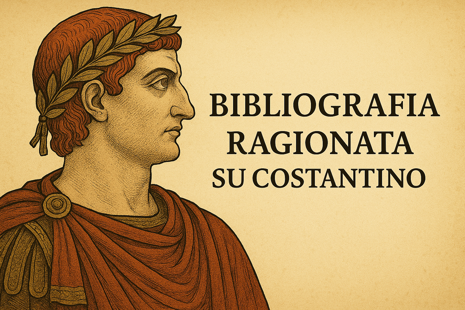 Ritratto di Costantino con la scritta “Bibliografia ragionata su Costantino” su sfondo pergamenato.